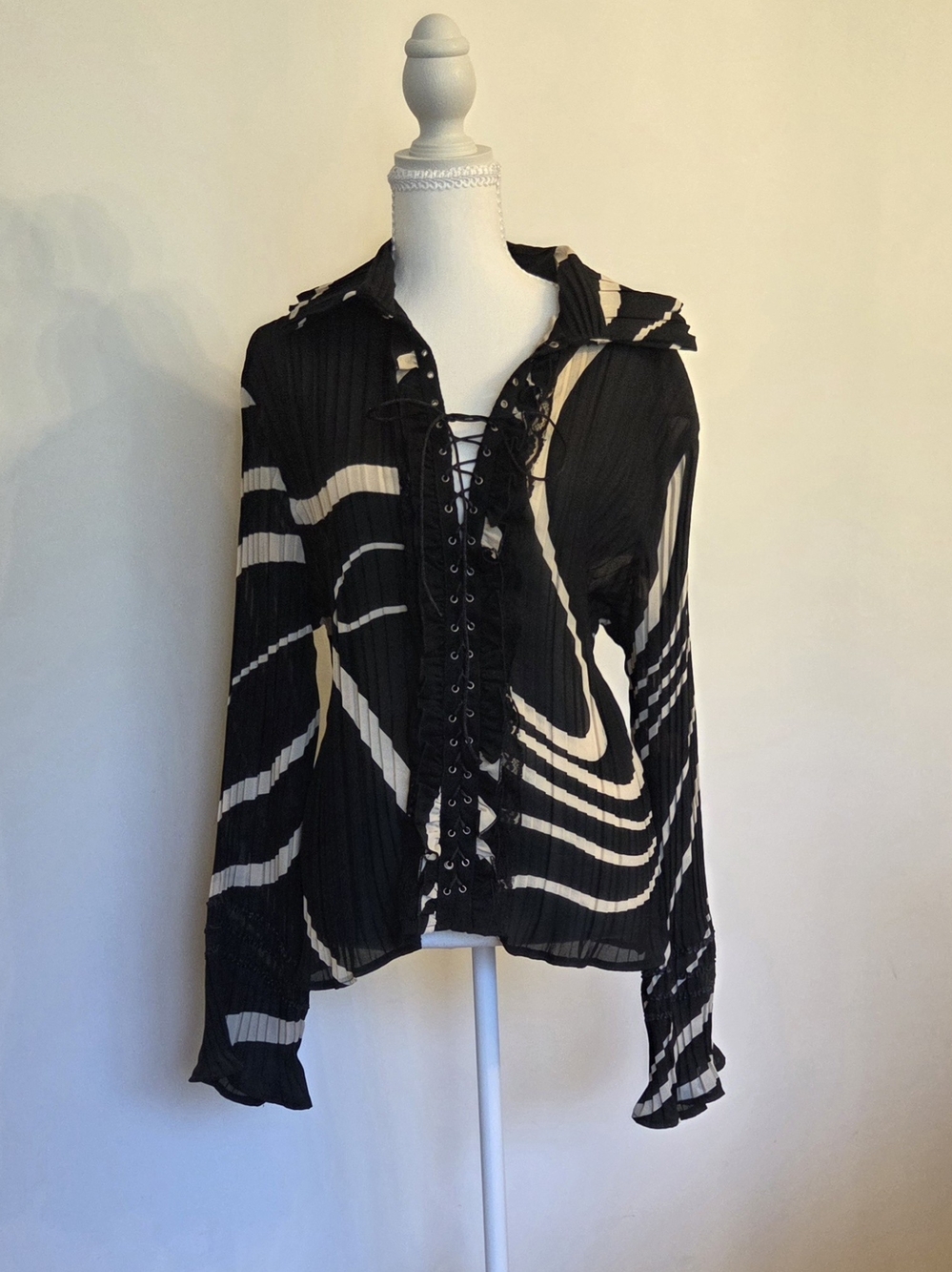 Women's Black & Tan Lace-Up Blouse